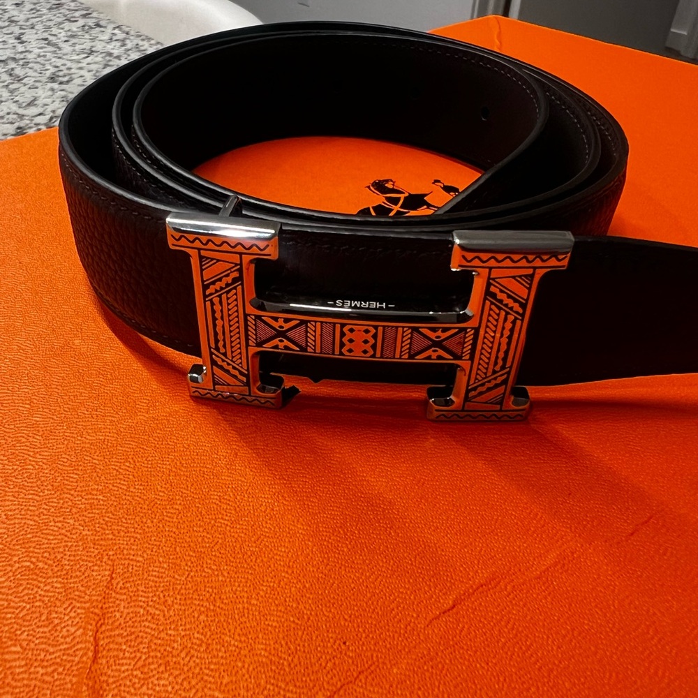 Hermes Black Leather Belt with Silver Buckle
